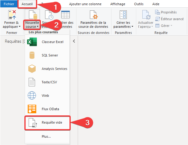 Écran principal de l’éditeur Power Query