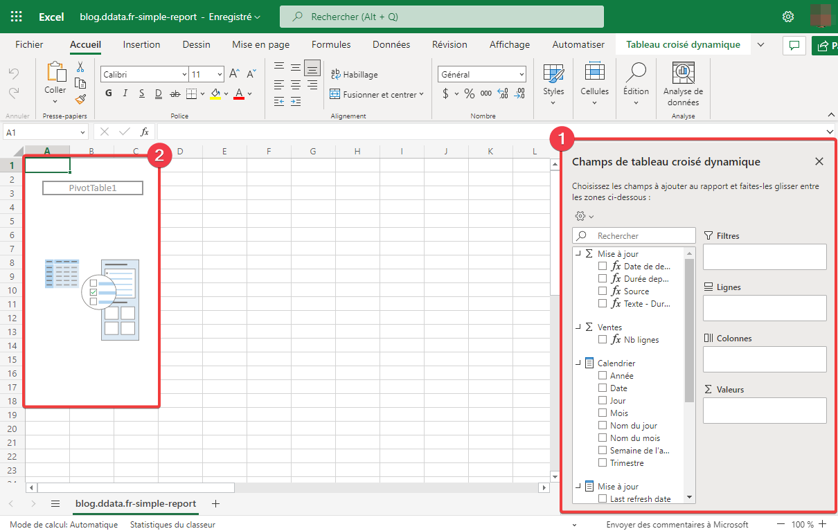 Fichier Excel connecté a un jeu de données