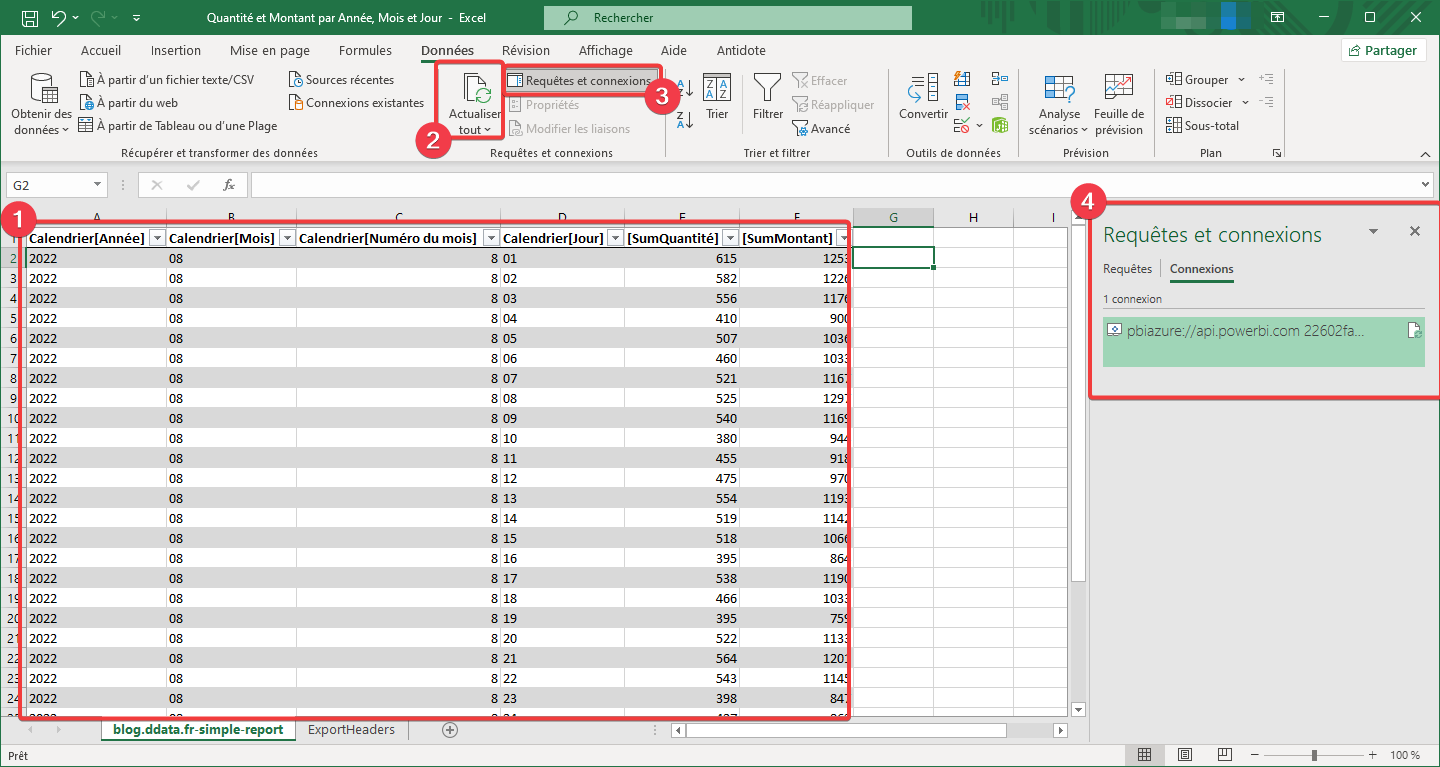 Fichier Excel avec un export actif