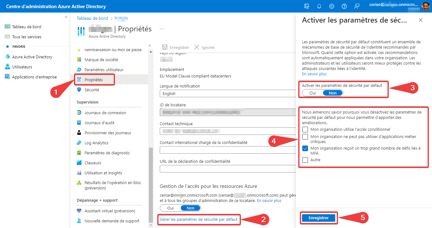 Page des propriétés de sécurité par défaut