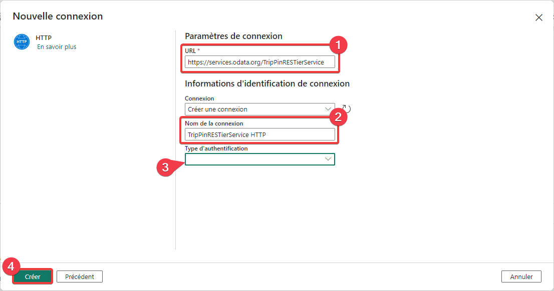 Création de la connexion - étape 2