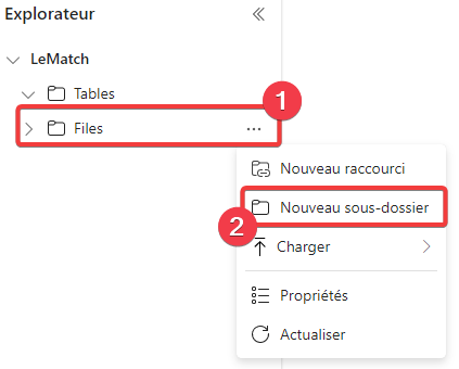 Création d’un dossier dans le lakehouse - étape 1