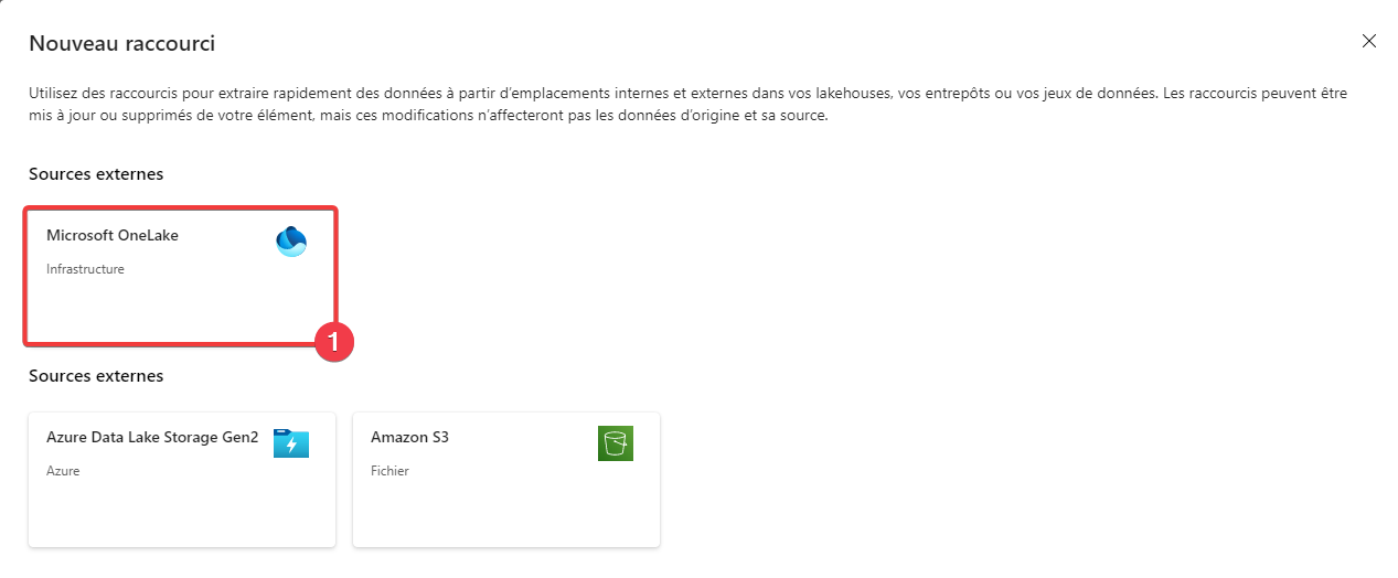 Création d’un raccourci dans le lakehouse - étape 2