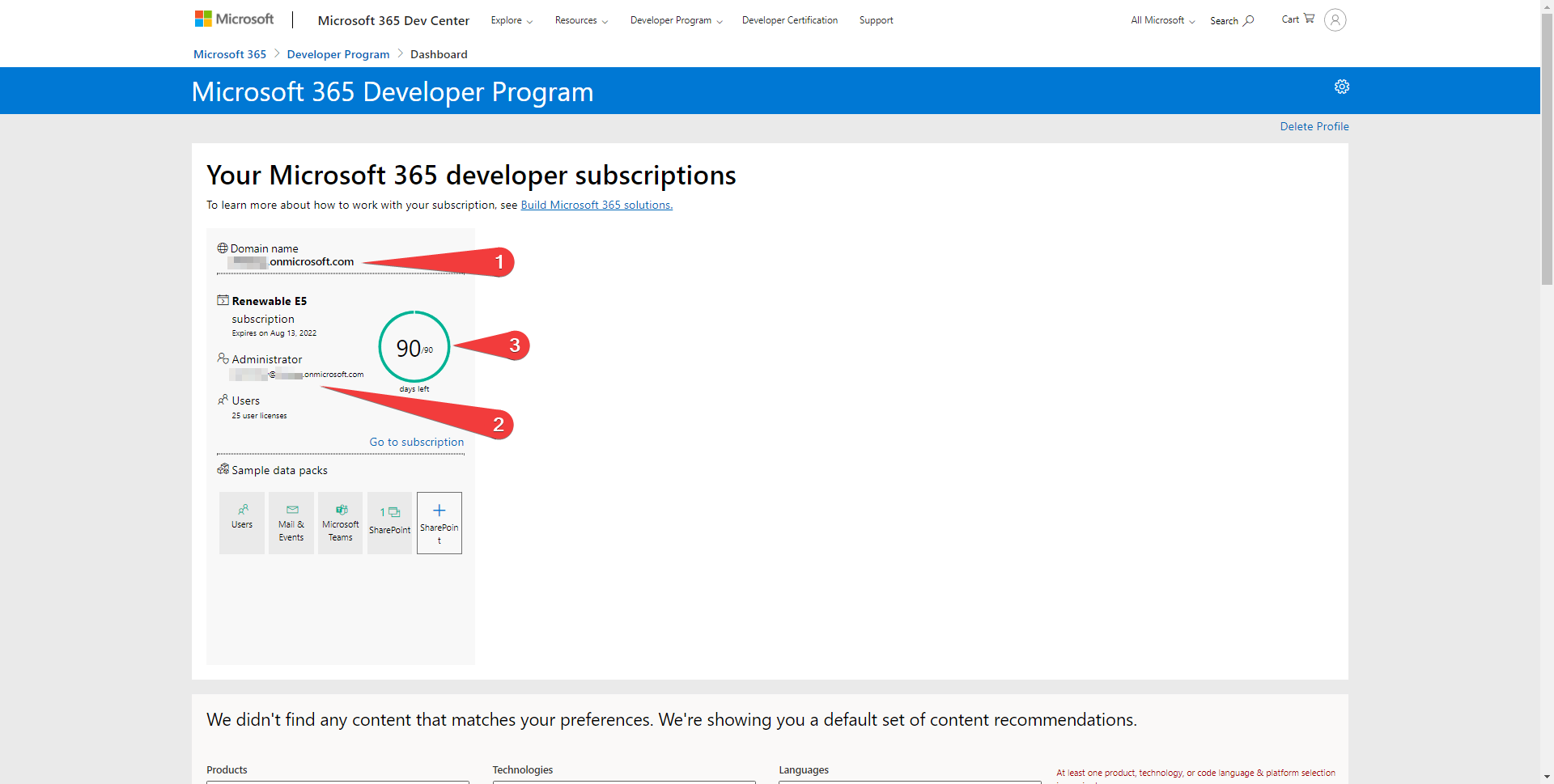 Tableau de bord du programme Microsoft 365 Developer