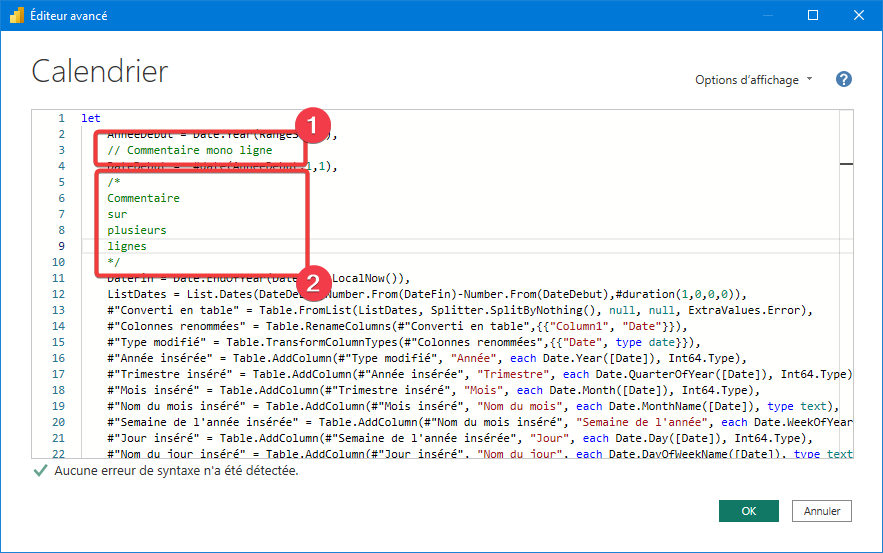 Commentaires dans l’éditeur avancé de Power Query