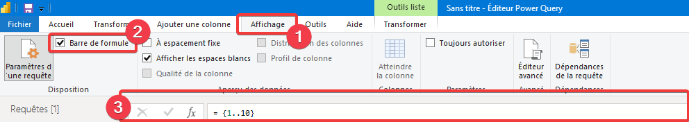 Activation de la barre de formule Power Query