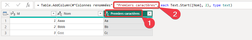 Modification directe du nom de la colonne lors de sa création