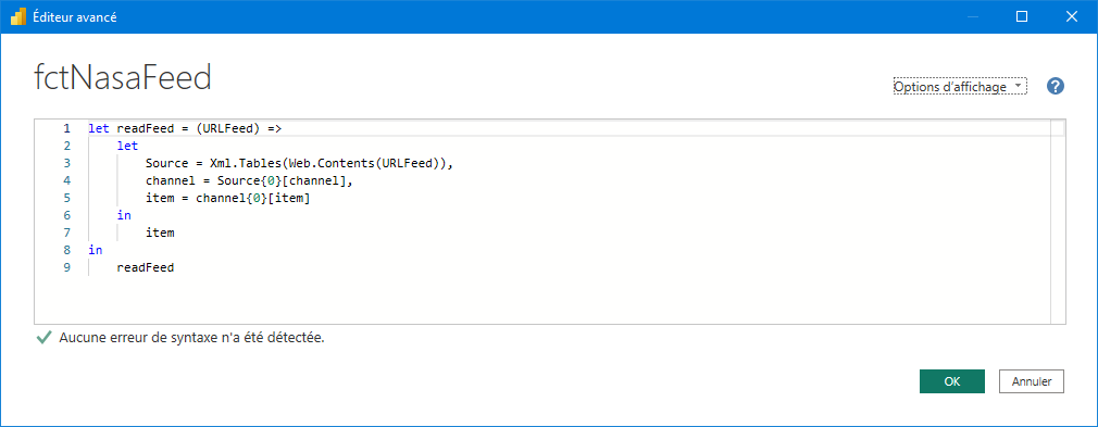 Fonction Power Query d’intégration d’un flux RSS