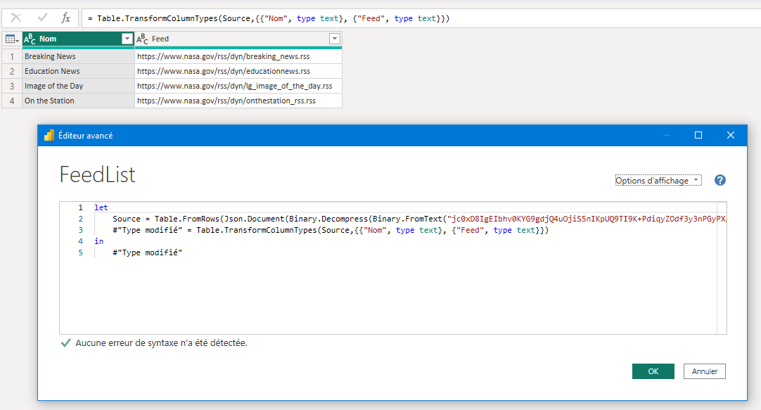 Requête Power Query avec la liste des flux RSS