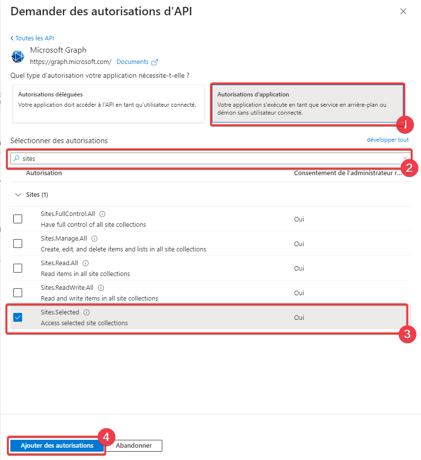 Ajout de l’autorisation Sites.Selected de Microsoft Graph