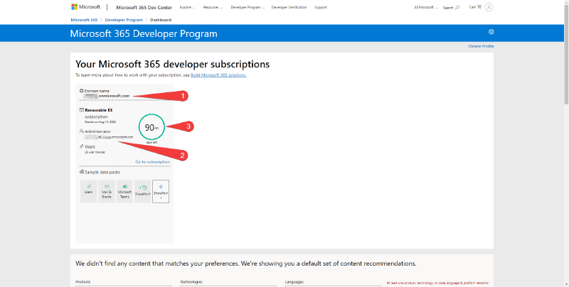 Tableau de bord du programme Microsoft 365 Developer