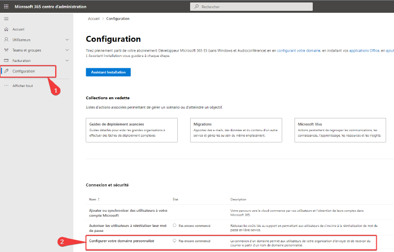 Enregistrement du domaine dans M365 - étape 1