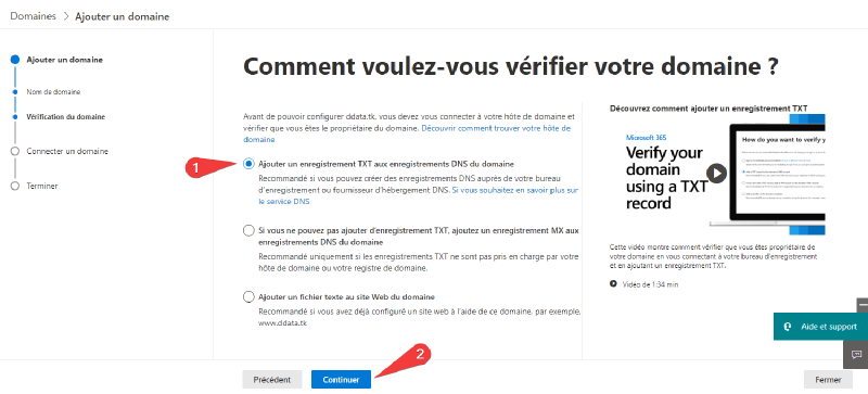 Enregistrement du domaine dans M365 - étape 4