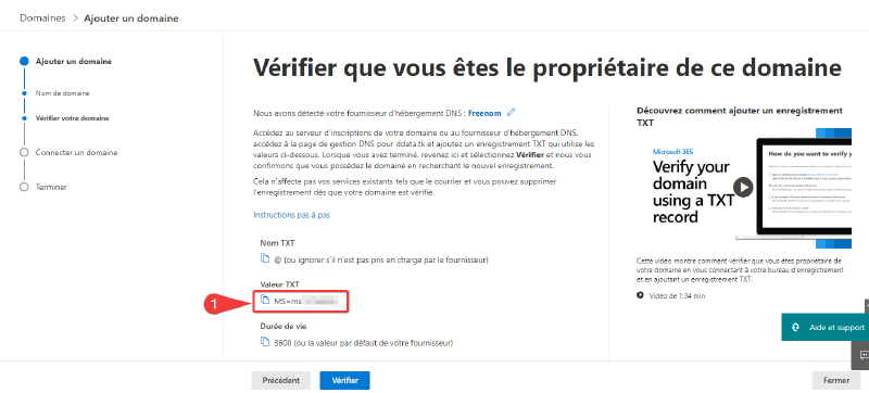 Enregistrement du domaine dans M365 - étape 5