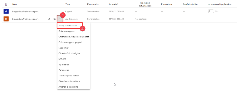 Analyser dans Excel depuis un jeu de données