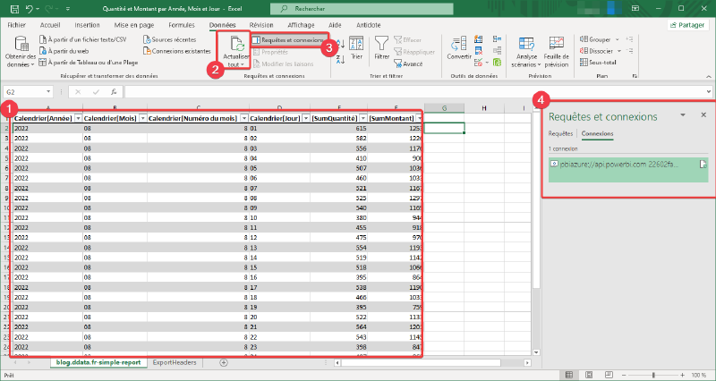 Fichier Excel avec un export actif