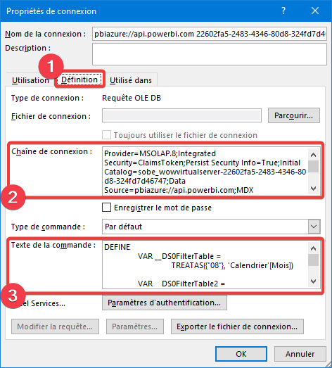Propriétés de la connexion du fichier Excel avec un export actif