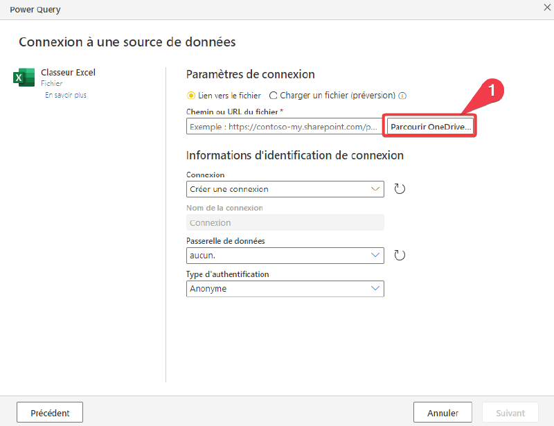 Sélection d&rsquo;un fichier Excel - étape 1