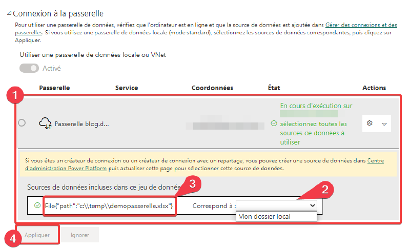 Configuration de la passerelle sur le jeu de données