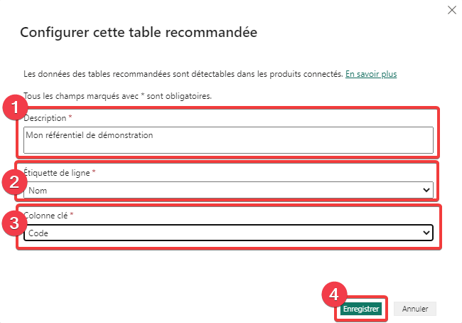 Paramétrage de la table recommandée