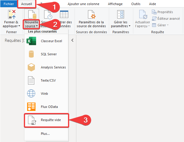 Écran principal de l&rsquo;éditeur Power Query