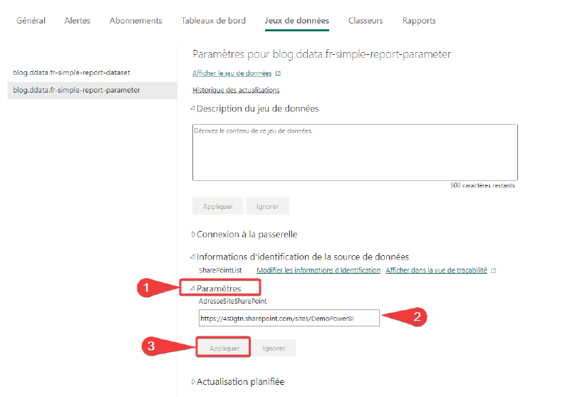 Modification des paramètres Power Query du jeu de données