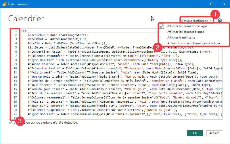 Option de l&rsquo;éditeur avancé de Power Query