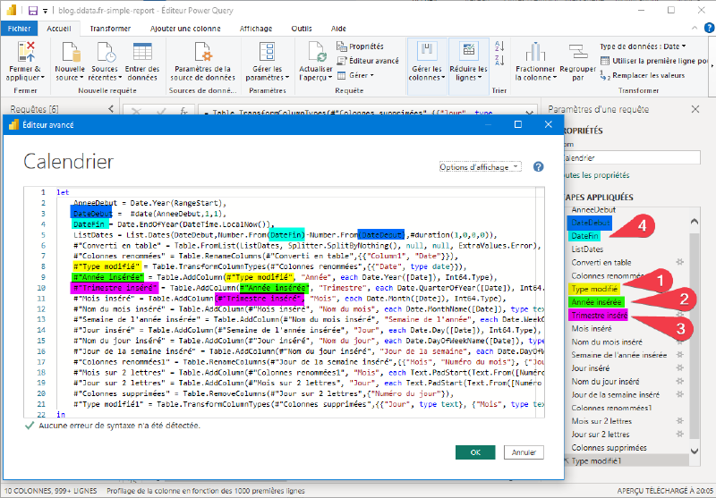 Relation entre le code et les étapes Power Query