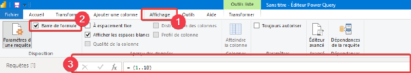 Activation de la barre de formule Power Query